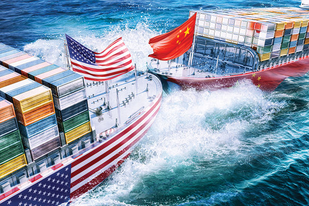 An illustration of two shipping boats colliding in the water. One has the American flag and the other has the Chinese flag, implying a trading/shipping/economic clash between the countries.