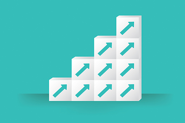 A stack of white blocks forming a staircase, with each block labeled with an arrow aiming diagonally up, implying that rates are rising.
