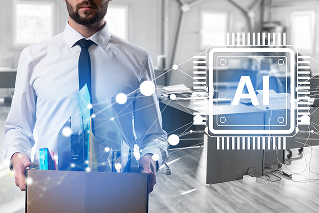 man holding a box of personal belongings leaving an office with a graphic next to him that says AI