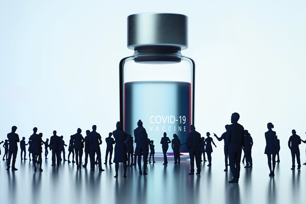 Dozens of people in shadow surround a giant vial of liquid with the words 