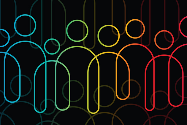 Overlapping figures on a black background. The figures are multicolored.