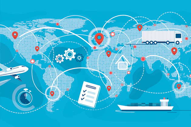 A map of the world with illustrated plane, shipping boat and truck, along with points on the map connected by lines, as well as a stopwatch, gears, a checklist and a home.