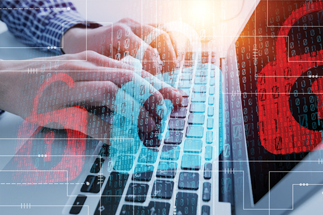 A person's hands typing on a laptop keyboard with an overlay of brightly colored locks and binary code.