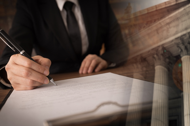 The torso and hands of a man signing a form, with the image of a government building superimposed.