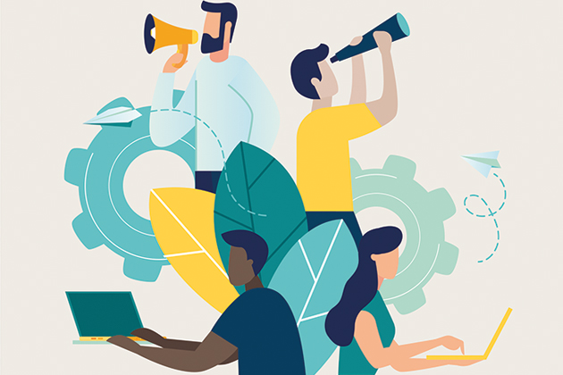 A cartoon depiction of four people, two of whom are working on laptops, one is looking through a telescope, and one is speaking through a bullhorn. They are surrounded by leaves, gears, and two paper airplanes, implying communication.