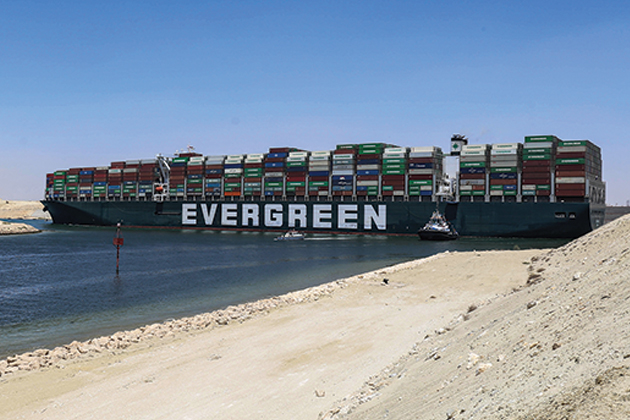 The Ever Given shipping boat blocks the Suez Canal.