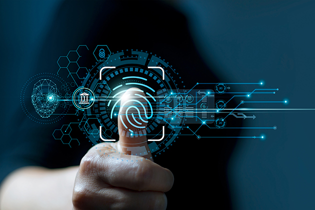 A person holds their thumb up to a computerized display that reads their thumbprint, producing other images from the data, including a face, a government building, and a lock, implying the print is unlocking this information.