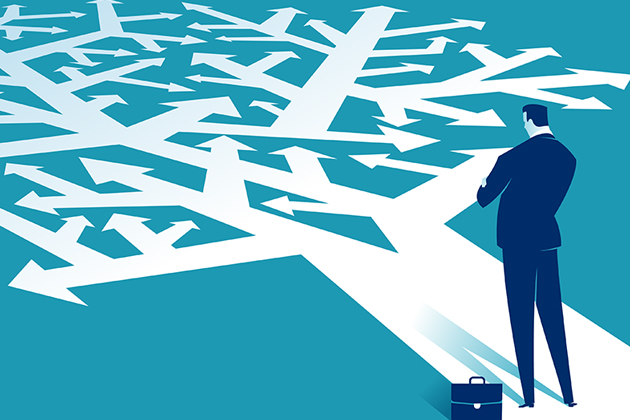 Illustration of a man in a suit with a briefcase standing at the beginning of a path that forks repeatedly, implying that he has many choices and decisions about how he wants to proceed.