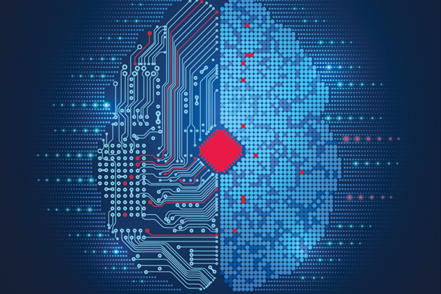 A blue silhouette of a brain with a circuit board superimposed, with a red square center.