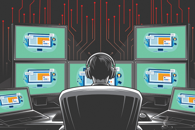 A drawing of a person seen from behind sitting at a bay of computer screens on a desk, wearing headphones.