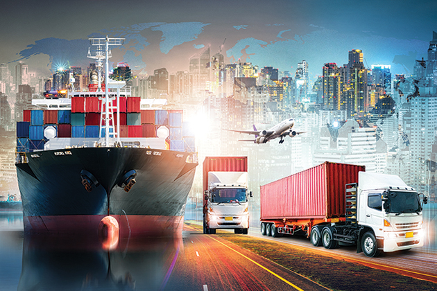 A collage of a shipping boat, trucks, and a plane set against a cityscape background, showing world trade.