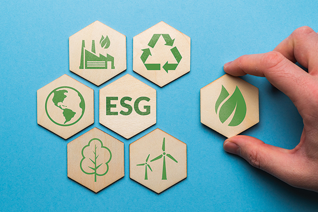 Various tiles with environmental themed graphics with ESG in the middle