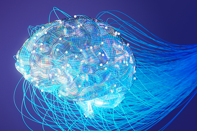 Digital illustration of a human brain with glowing nodes and lines connecting outward, representing neural networks.