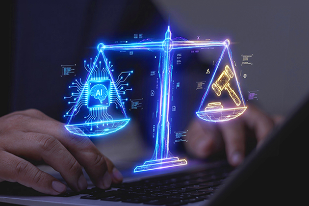 Digital scales with AI icon on one side and judge's gavel on the other