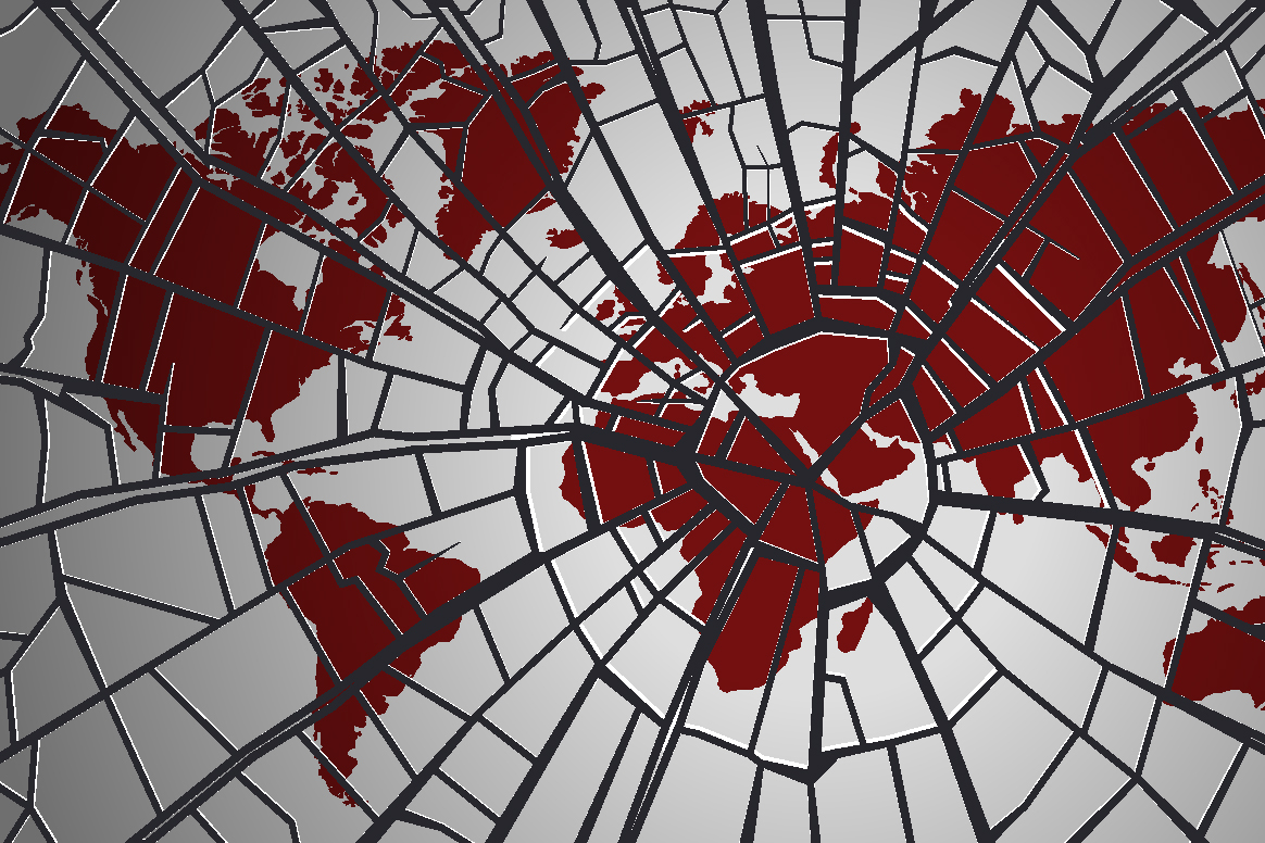 Map of the world in red under a cracked screen