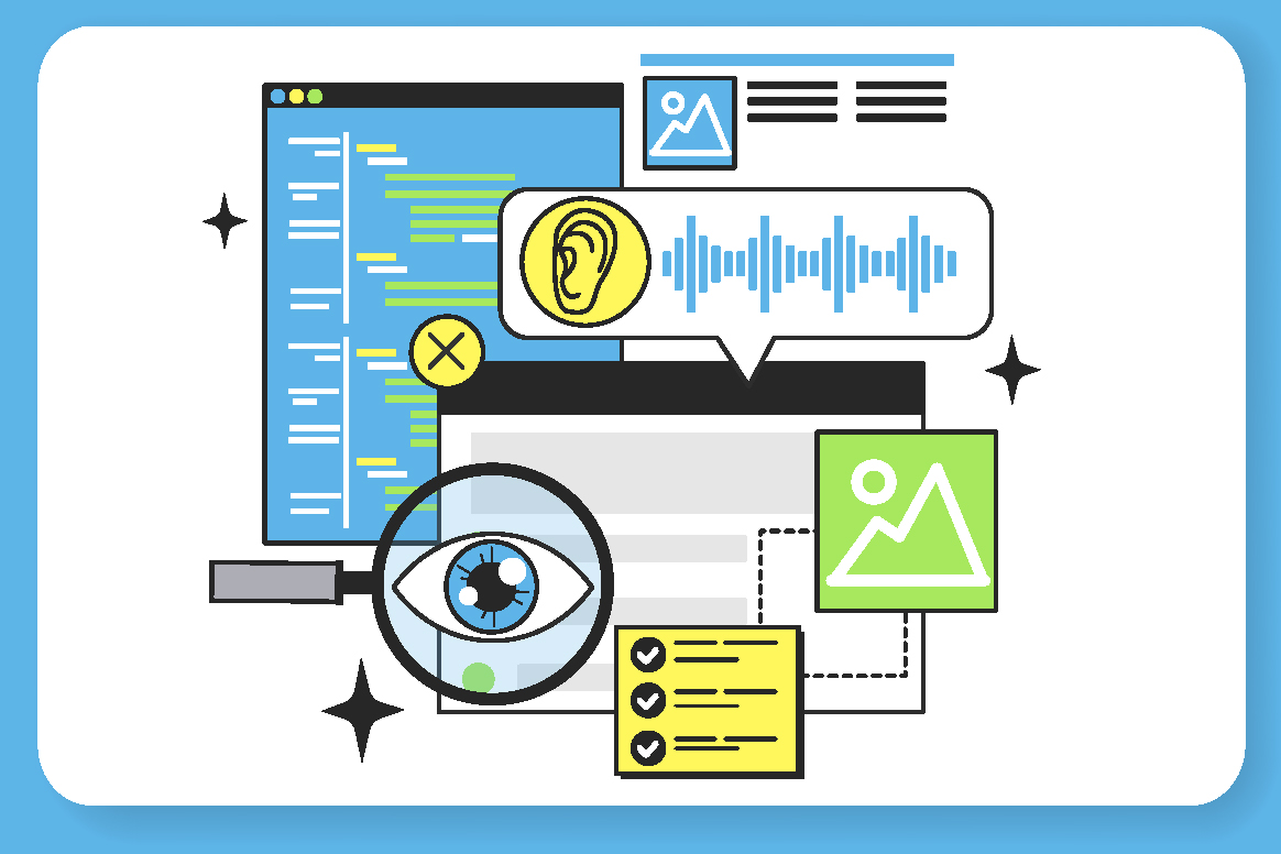 various images representing website visibility including an eye, an ear with audio signals, and graphs