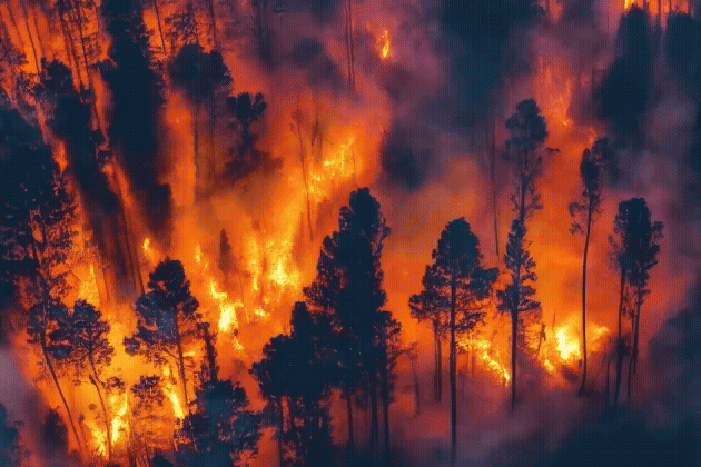 An gif showing a wildfire burning trees