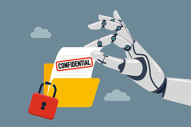 An AI robot hand taking confidential information from a locked folder