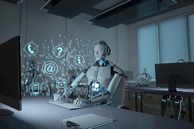 Robot typing on a keyboard with various technology symbols floating in the air