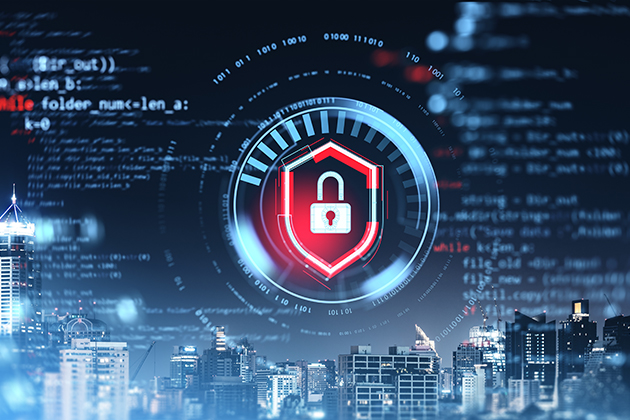 a cityscape in the background with digital text and a padlock in the foreground
